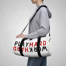 Load image into Gallery viewer, Work Hard Play Hard Duffel Bag -White Red Black