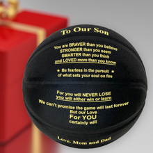 Load image into Gallery viewer, Love Mom and Dad - To Our Son Engraved Basketball Gift - Black &amp; Gold
