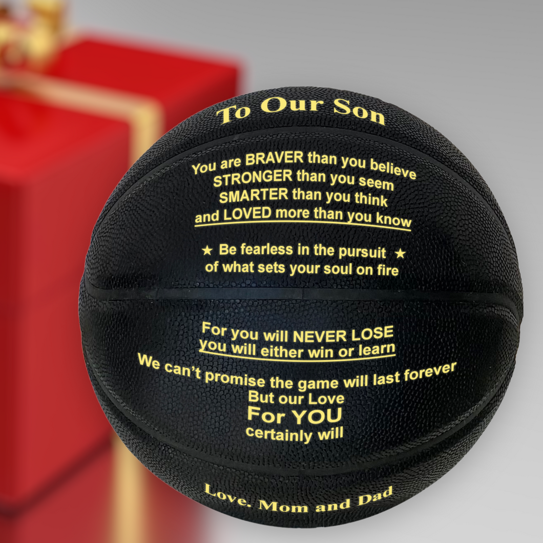 Love Mom and Dad - To Our Son Engraved Basketball Gift - Black & Gold