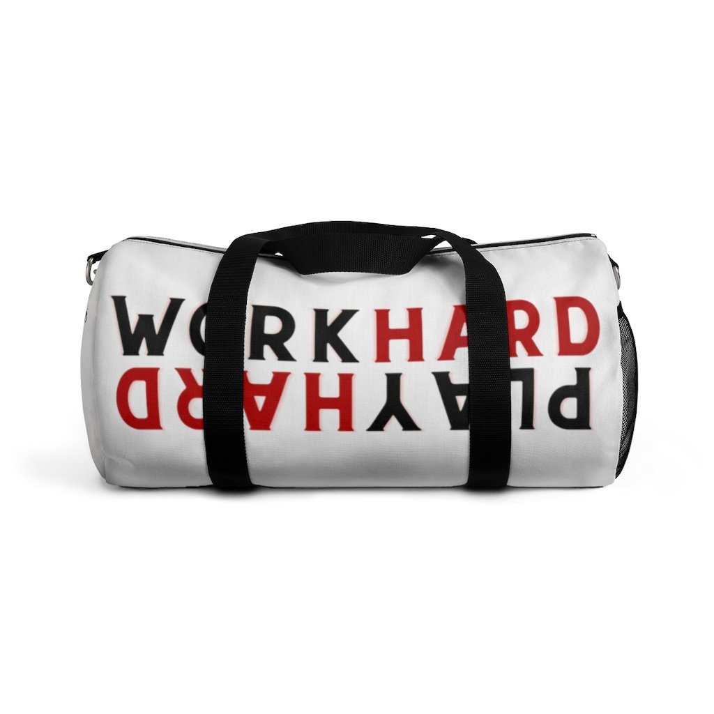 Work Hard Play Hard Duffel Bag White Red Black Tate's Box